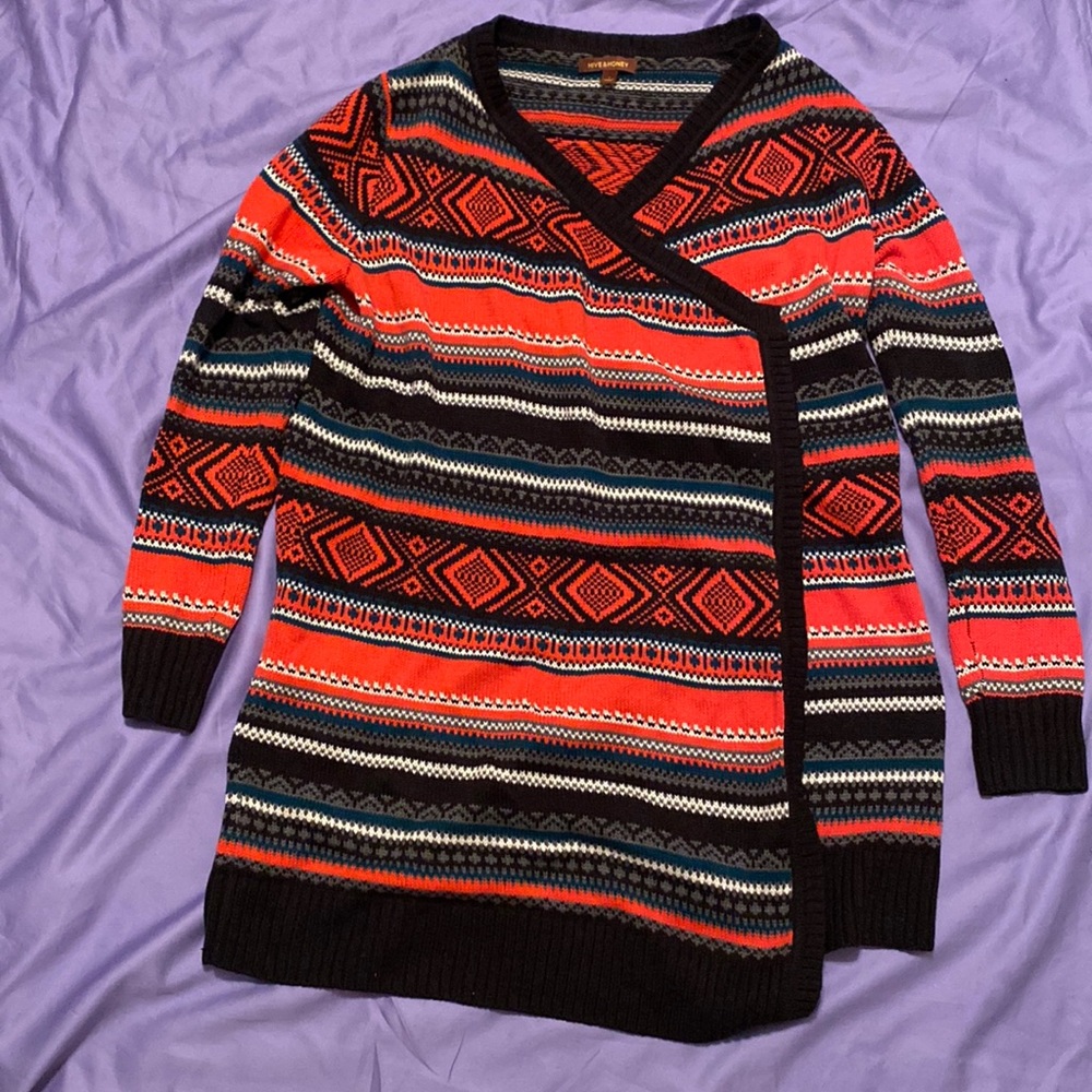 HIVE & HONEY Long Open-Front Cardigan Sweater, Size L, Orange/Black multi color